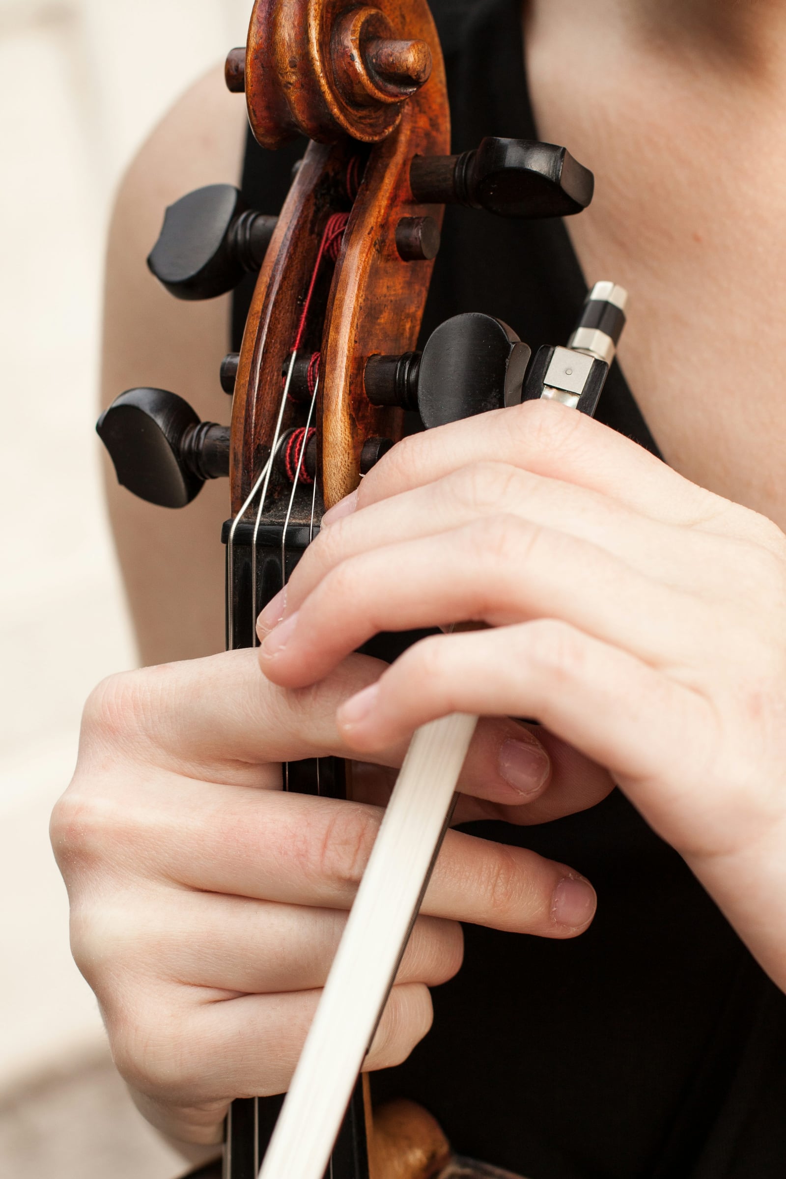 A violin and bow seen in close detail