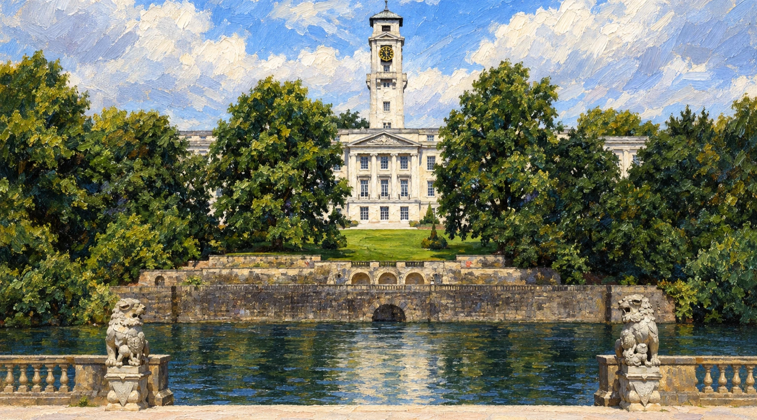 Illustration of the University of Nottingham’s clock tower and lakeside campus.